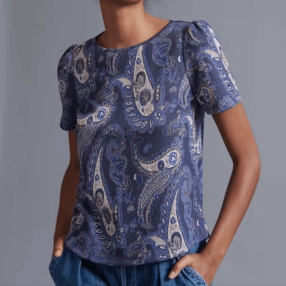 Anthropologie Demeter Paisley Knit Top Sparkly Puff Shoulder Metallic